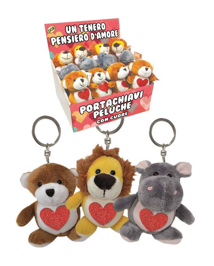 Espositore da 12 portachiavi peluche animali con cuoricino